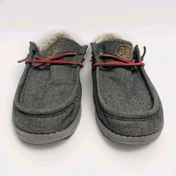 Hey Dude Wally Black Shell Shearling Lined Canvas Slip On Shoes Gray Mens Size 8 - Picture 2 of 10